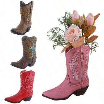 1pc Vintage Boots Resin Vase Ornaments - Striped Hydroponic Flower Arrangement Containers For Indoor/Outdoor Home Decor, Living Room, Balcony, Garden - Light Luxury Decorative Accents, Cowboy Home Decor, Balcony Decoration, Rustic Charm, Handcrafted Look, Decorative Accents, Interior Designers, Balcony Decoration, Retro Style, Handcrafted Accents, Interior Decorators Room Decor Flower Vase Glass Vase