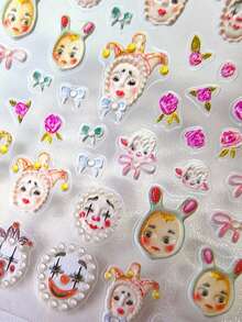 浮雕油画风格小丑可爱美甲贴纸 5D 卡通复古美甲贴花 油画小羊丝带蝴蝶结玫瑰 DIY 美甲装饰浮雕美甲用品 女士/女孩沙龙美甲 - 彩色 - 查看 3