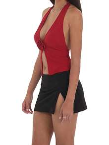 Women Halter Tank Tops Dot/Solid Color Sleeveless Open Back Slit Hem Summer Going Out Vest Shirts - Red - View 5