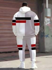 Bộ áo hoodie họa tiết sọc khối màu tương phản ZhuYa cỡ lớn dành cho nam, Bộ thể thao 2 món Xuân Thu Đông - Áo hoodie dáng rộng cỡ lớn có mũ trùm đầu + Quần nỉ có dây rút, Phong cách đường phố Hip Hop đa năng - Nhiều màu - Xem 4