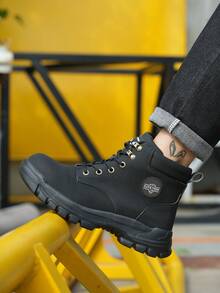 Men's Solid Color Classic High Top Plain Toe Steel Toe & Puncture Proof Safety Boots, Comfy Non Slip Durable Lace Up Work Shoes, Men's Constructional & Industrial Footwear - Black - View 7