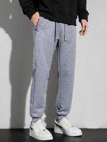 舒适男士宽松运动裤 - 柔软拉链口袋，抽绳腰带，纯色，适合所有季节、休闲装、休闲装和户外活动 - 淺灰色 - 查看 5