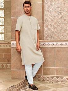Mens Kurta Cotton Linen Henley Shirts Kaftan Short Sleeve Lounge Plain Gown Shirt-20256688 - 米色 - 查看 8
