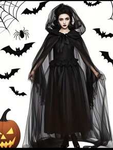 1 件套万圣节深色哥特式连帽长网状斗篷，酷炫女巫服装披风，男女通用 - 黑色 - 查看 3
