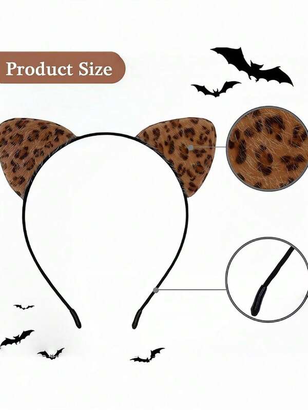 1pc Halloween Lolita Leopard Print Cat Ear Headband, Cute Plush Cat Ear Headband With Ruffle Trim, Costume Party Cosplay Accessory