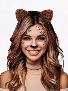 1 pièce Serre-tête chat à oreilles de léopard style Lolita d'Halloween, serre-tête mignon à oreilles de chat en peluche avec bordure à volants, accessoire de costume pour fête et cosplay