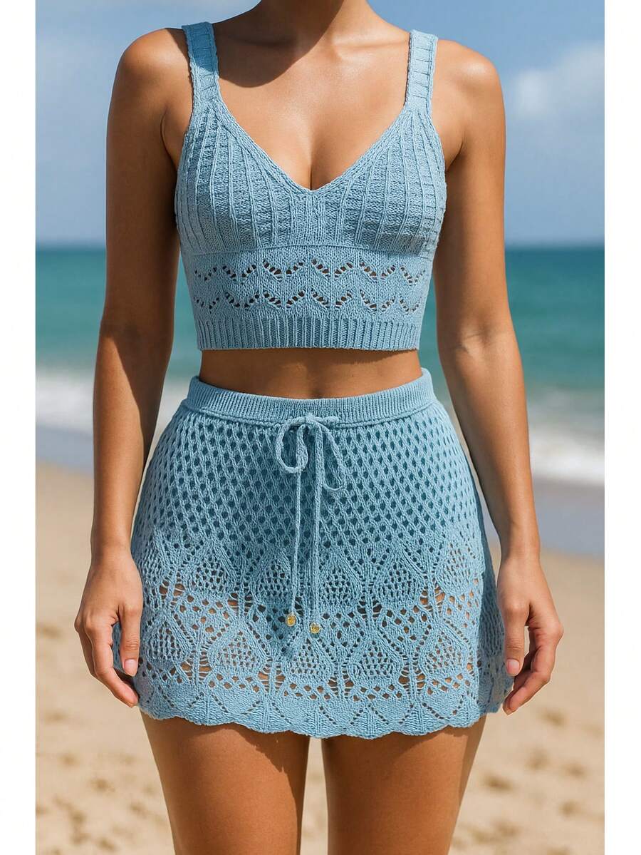 Knitted Beach Cover-Up Set - Cropped Top And Summer Skirt - - Baby Blue - View 1