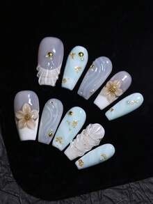 10片棺材形长款白色和蓝色渐变手工按压式美甲贴片，手工雕刻花朵和贝壳图案，法式风格假指甲，可重复使用，美甲美容产品，快速使用美甲用品 - 淺藍色 - 查看 1