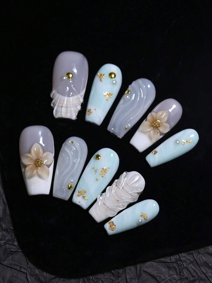 10片棺材形长款白色和蓝色渐变手工按压式美甲贴片，手工雕刻花朵和贝壳图案，法式风格假指甲，可重复使用，美甲美容产品，快速使用美甲用品 - 淺藍色 - 查看 1