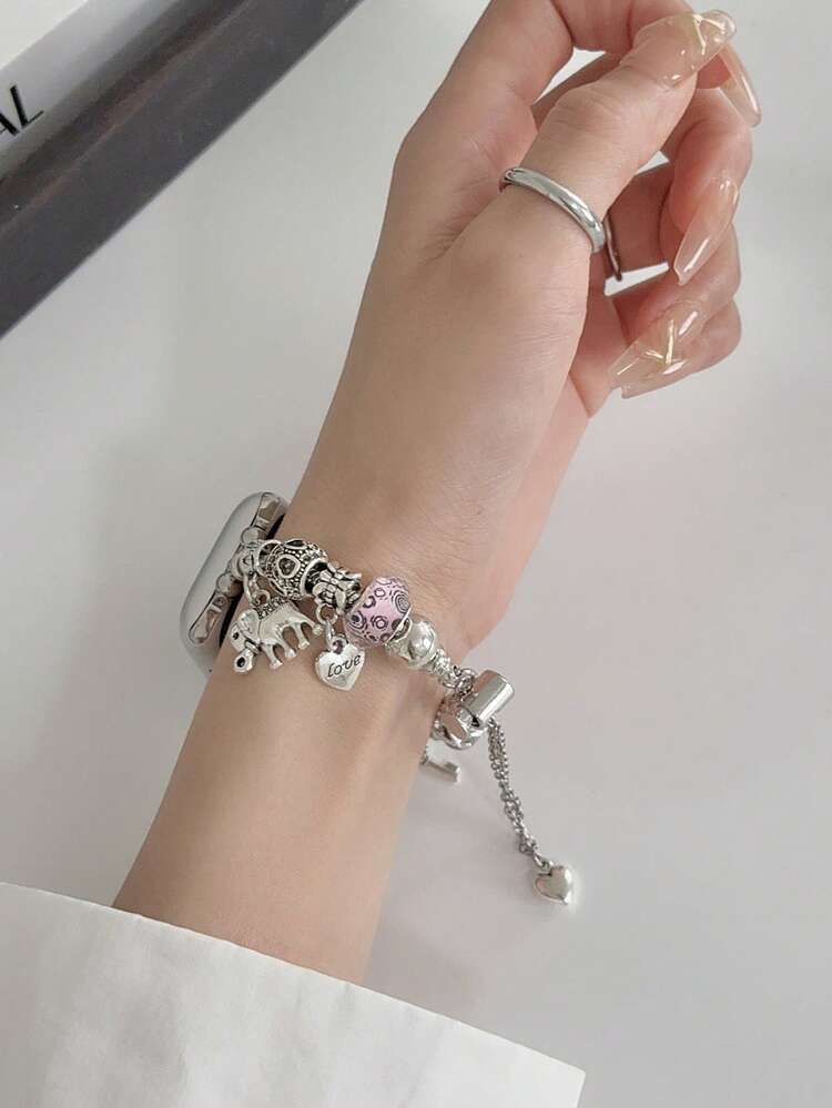 1 件时尚 表带，可爱心形装饰串珠风格手链，适合女士，兼容 系列 10/9/8/7/SE/6/5/4，38 毫米 40 毫米 41 毫米 42 毫米 44 毫米 45 毫米 46 毫米 49 毫米，适合她手链腕带的智能表带，送给女朋友的礼物，可调节 表带 - 銀色 - 查看 5