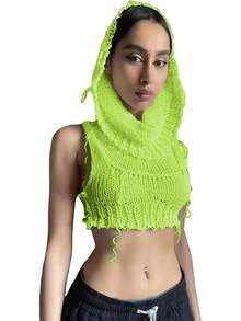 Women Knitted Hoodie Sweater Vest Sleeveless Hollow Out Hooded Crop Top Streetwear Rave Oufit - 霓虹綠 - 查看 5