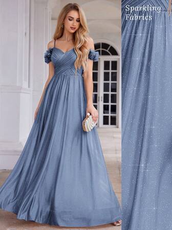 Fall Winter Flower Off Shoulder Strap Dusty Blue Bridesmaid Dress With Backless Design Elegant Sparkly Dress Formal Evening Dress For Party