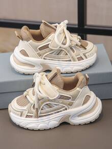 1 Pair Kids' Mesh & PU Hook And Loop Style Breathable Durable Casual Sports Shoes, Suitable For Spring & Autumn