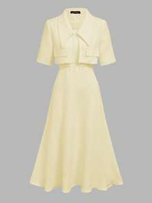 两件套：优雅法式复古硬币印花吊带裙+短袖外套，春季修身两件套 - 黃色 - 查看 5