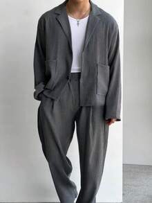 男士高品质纹理休闲西装套装，包括夹克和宽松长裤，春秋季 - 灰色 - 查看 1