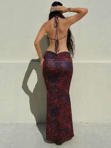 Women's Two Piece Maxi Skirt Sets Summer Beach Sexy Ruched Backless Pearls Chain Decor Crop Top And Cut Out Skirt - 紅色 - 查看 2