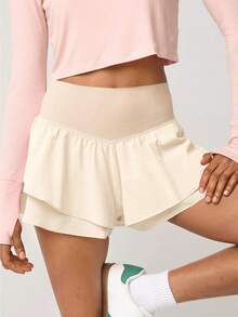 Fisoew Absorbs Sweat Breathable High Waisted Sports Shorts Sweater Shorts Sleek Style Ruffle Tiered Running Shorts With Built In Shorts Y2K Tennis Workout Shorts Clean Girl Coquette Aesthetic Summer Streetwear - 米色 - 查看 2