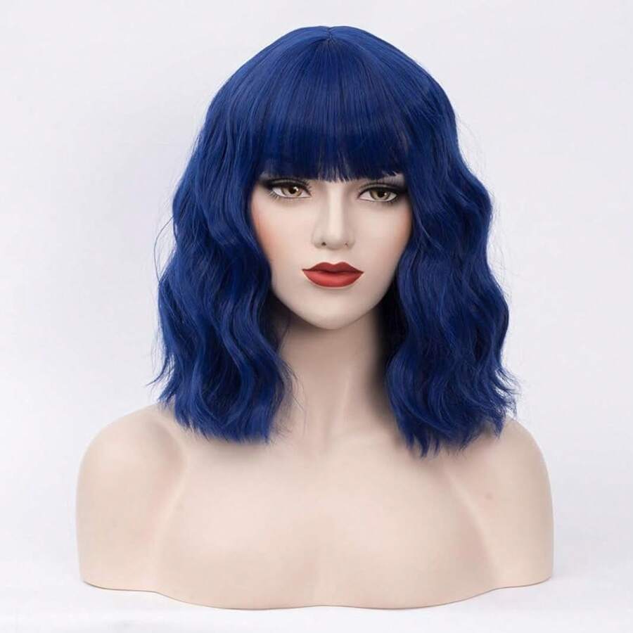 Short Wavy Curly Wig Lovely Pink Bangs Wig Women Cosplay Halloween Wigs Heat Resistant Party Wig (Lovely Pink) - Dark Blue - View 1
