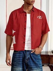 男士字母格纹宽松短袖梭织红色衬衫，街头风 - 彩色 - 查看 4