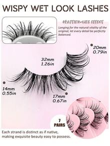 Asiteo 7对装 漫画风 纤细自然 湿润感 嫁接效果 仿貂毛 透明带 Y2K风格 3D蓬松长款 猫眼 自然浓密 睫毛嫁接 化妆工具