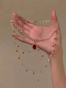 1 件波西米亚风格优雅女士项链，红色心形吊坠项链，女士配饰，采用闪亮设计的椭圆形人造珍珠吊坠，适合女性所有季节的日常穿着、派对、休闲装，也可作为礼物，女士项链，女士配饰，女士不锈钢项链，配饰，项链，海滩风格 - 珍珠 - 查看 3