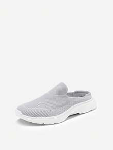 Women's Mules Shoes – On-And-Off Sneakers, Knit Flats, Platform, Lightweight, Breathable, High-Grip Walking Shoes - 灰色 - 查看 1