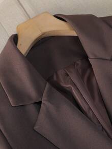 Brown Lace-Up Double-Breasted Women's Suit Jacket, Mid-Length Slim Fit Commuter Coat, Crisp Drapey Fabric, Elegant Casual Outerwear For Women Aged 25-45