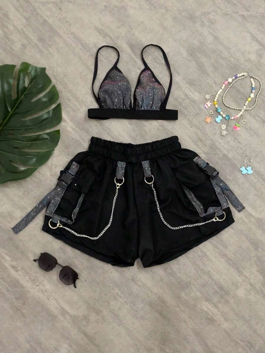 Shiny Holographic Set - Cargo Shorts And Black Holographic Top With Colorful Shine - Negro (M) - Ver 1