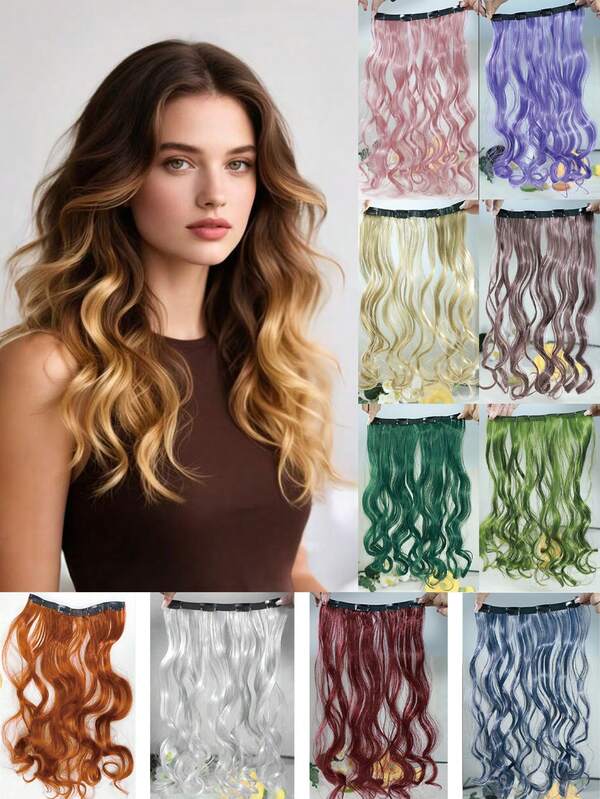 Extensões de cabelo sintético elegantes, cacheadas/lisas, de 18/22 polegadas, com clipe, fibra de alta temperatura, conjunto multicolorido, adequado para festas, Halloween, Natal