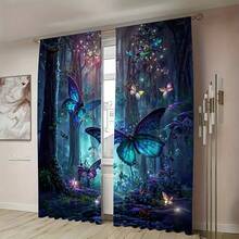 2pcs Enchanting Blue Butterfly Forest Curtains - Durable Polyester Fiber, Digital Printing, Vibrant Colors, Pole Bag Design, Easy To Hang, Fade Resistant, Ideal Choice For Living Room Decoration