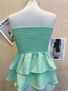 Cropped Elastic Blouse With Ruffle - Teal Blue - View 2