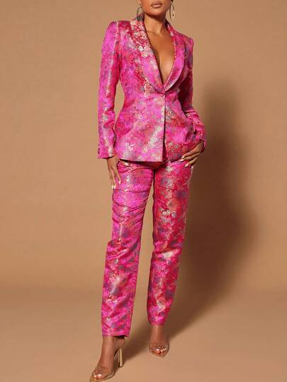 GLOURI Hot Pink Floral Jacquard Suit Set - Women's Satin Blazer & Straight Leg Pants | Formal Wedding Guest Outfit For Red Carpet Events/Black Tie Galas (Designer Two-Piece & Pocket Details