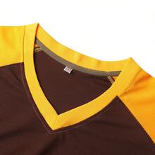 Men's #19 Brown Baseball Jersey - Short - Sleeve V - Neck Design, Letter & Number Embroidery, Yellow - Brown Contrast Color - Block Sleeves, Ideal For Training & Streetwear - 19 Brown - 查看 2
