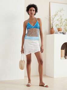 Women's Summer Halter Tank Tops Sequin Bead Sheer Mesh Sleeveless Backless Cropped Vest For Party
