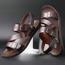 Men's Fashion Buckle Slippers, Minimalist Large Size Comfortable Outdoor Open-Toe Sandals, Daily Versatile Casual Non-Slip Mens Shoes - 棕色 - 查看 3