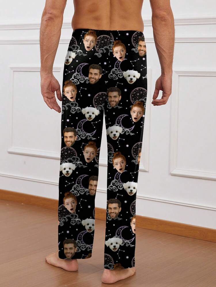 [Customizable Pajama Pants] Customizable Christmas Men's Pajama Pants - Comfortable Polyester And Spandex Loungewear Pants With Face Photo Print, Casual Knit Fabric, Regular Fit, Winter - Black - View 3