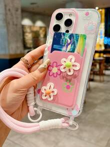 Ốp lưng điện thoại có dây đeo thẻ hình hoa 3D nhiều màu sắc tương thích với iPhone 16 Pro Max/15 Pro Max, New 11, 12, Creative 14 Pro/13, Ốp lưng bảo vệ mềm, Bao gồm tất cả, Nữ, Mùa hè - Hồng - Xem 5