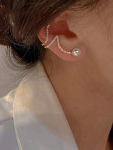 1pair Elegant And Simple Wave-Shaped Faux Pearl And Rhinestone Ear Studs Suitable For Women's Daily, Festivals Or Parties - 金黃色 - 查看 1