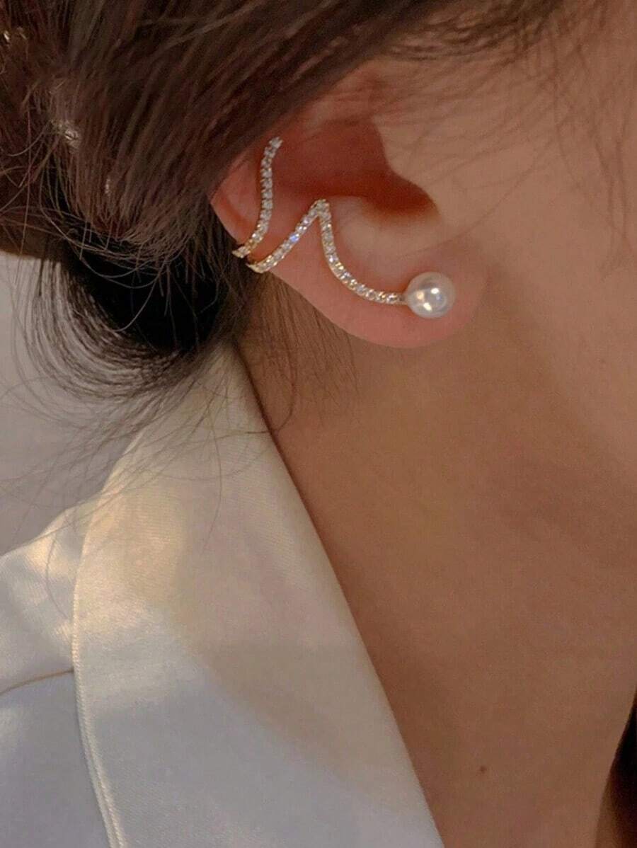 1pair Elegant And Simple Wave-Shaped Faux Pearl And Rhinestone Ear Studs Suitable For Women's Daily, Festivals Or Parties - 金黃色 - 查看 1