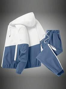 2pcs Set, Men's Hooded Casual Sports Suit - Versatile Jacket Long-Sleeved Top + Sports Pants, Breathable And Comfortable Drawstring Stretch Pants, Machine Washable - Ideal Travel Choice For Spring And Autumn, Outdoor, Blended - 白戰藍 - 查看 1