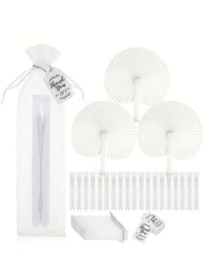 1/10/30/50/80/100pcs White Paper Folding Fans, Round Shape, Wedding Ceremony Supplies