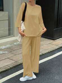 Fisoew Women Two Piece Lounge Set Casual 34 Sleeve Tunic Top And Wide Leg Pants Cozy Fall Outfits Y2K Matching Sets Soft Travel Loungewear Breathable Jogger Suit - Light Brown - 查看 5