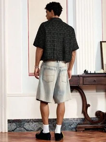 男士格子梭织短袖短款上衣，适合夏季，街头时尚 - 黑色 - 查看 2