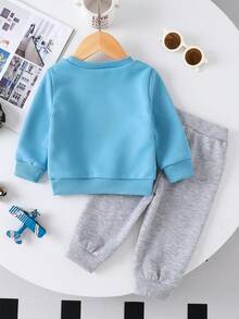 Toddler Boys' Casual Letter Print Crew Neck Long Sleeve Top And Solid Color Pants Set, Autumn/Winter - Blue - View 2