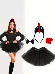 4件套女士可爱涤纶小鸡服装套装 - 3D头箍、领结、尾巴和裙子，适合各种嘉年华和派对装扮