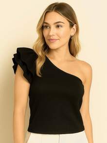 Simple Pink 3d Pleated Ruffle Hem Holiday - Black - View 1