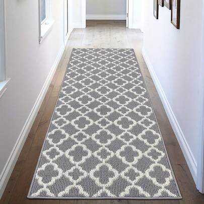[Moroccan Trellis Long Runner Mat] Soft Textured Polypropylene Moroccan Trellis Long Runner Mat - Non-Slip, Machine Washable, Elegant Black & White Design - Bathroom Mat For Hallway, Kitchen, Entryway Bathroom Kitchen Decor Kitchen Rug