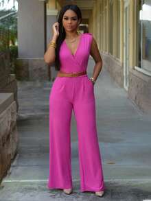 Conjuntos de mujer diseño liso con cinturón,Top de tirantes liso & Pantalones de pierna ancha - Rosa Fucsia - Ver 1