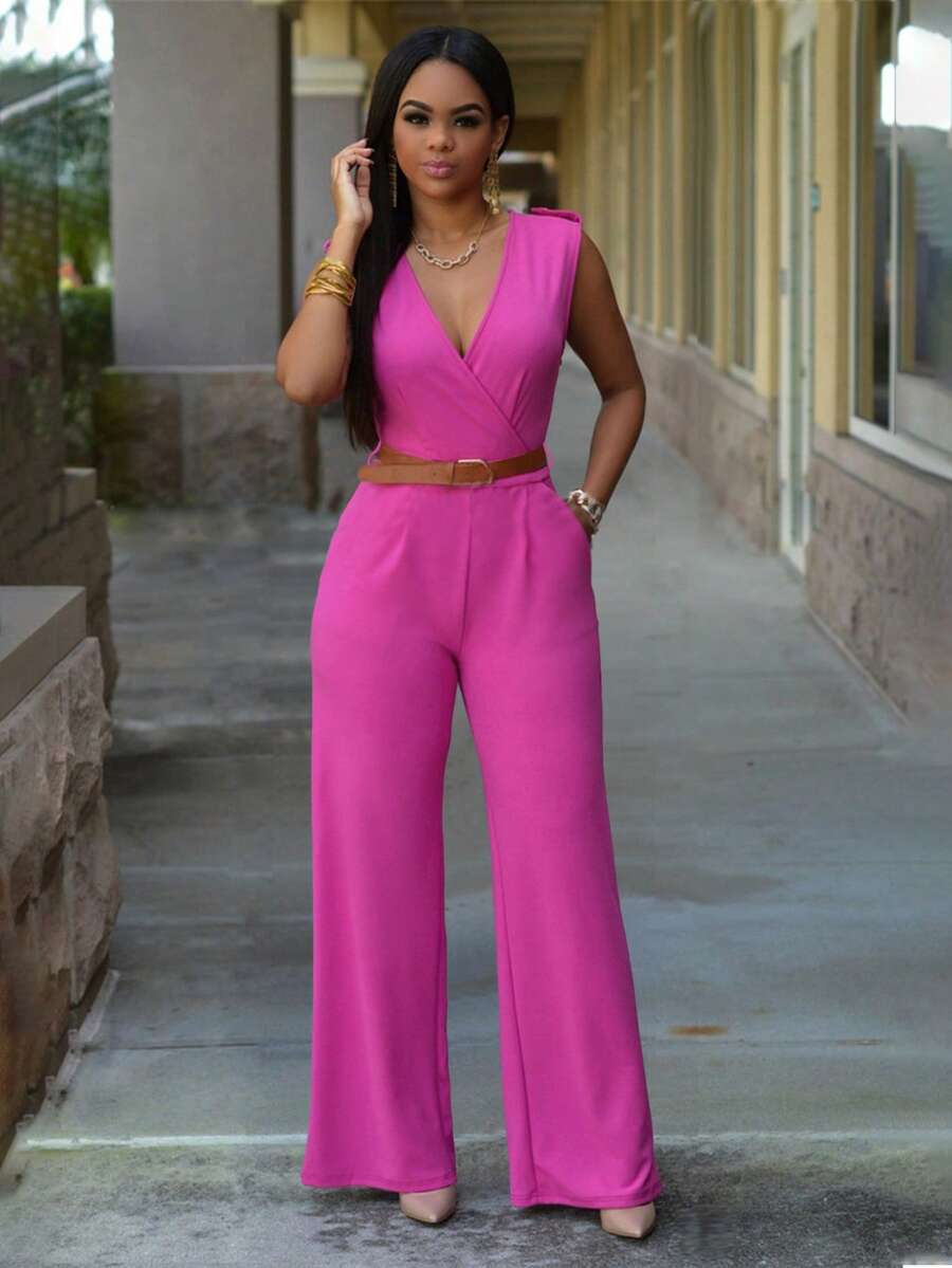 Conjuntos de mujer diseño liso con cinturón,Top de tirantes liso & Pantalones de pierna ancha - Rosa Fucsia - Ver 1