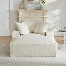 LUCKHAO 49" Chaise Lounge Indoor, Oversized Chaise Lounge Chair With 3 Comfy Pillows For Living Room Bedroom, Wide Arms Corduroy Fabric High-Density Foam No Assembly Required - 米色 - 查看 2